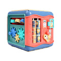 Colourful hexahedron educational cube with bead mazes, gears, numbers, and vehicle graphics