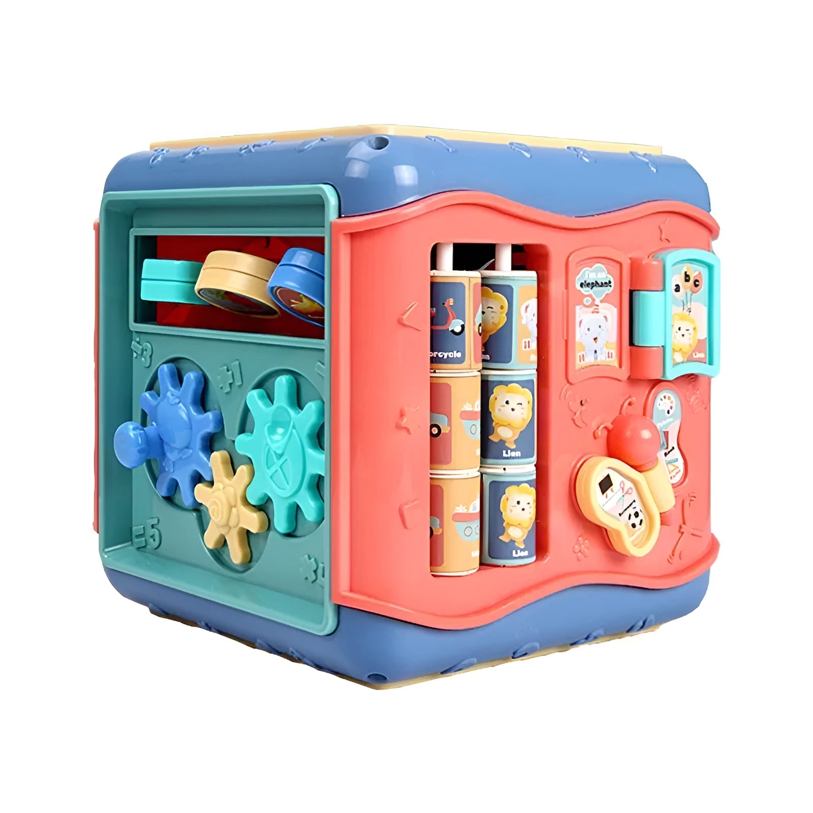 Colourful hexahedron educational cube with bead mazes, gears, numbers, and vehicle graphics