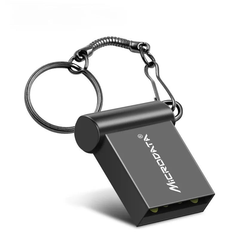 Silver metal square USB flash drive pendant on a metal necklace chain.