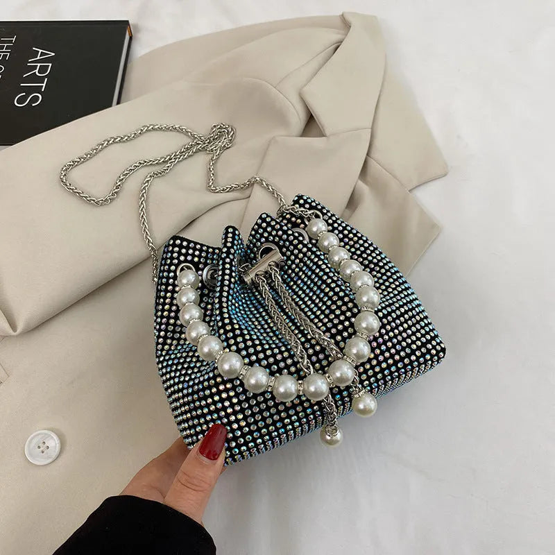 Western style diamond detailing soft PU bucket crossbody bag with chain strap