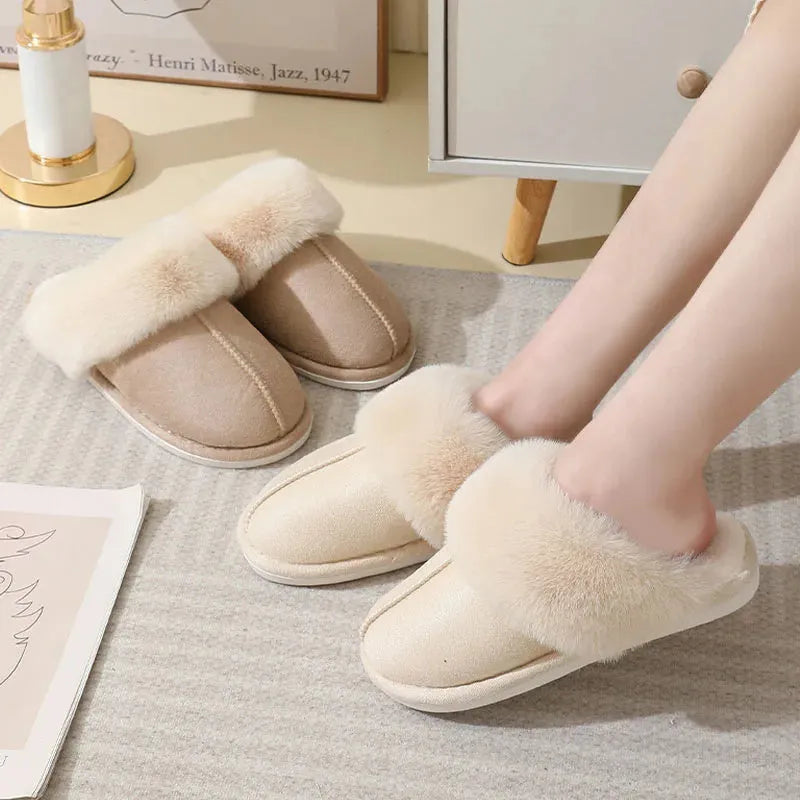 Women's brown plush indoor slippers with round toe design and non-slip PVC soles