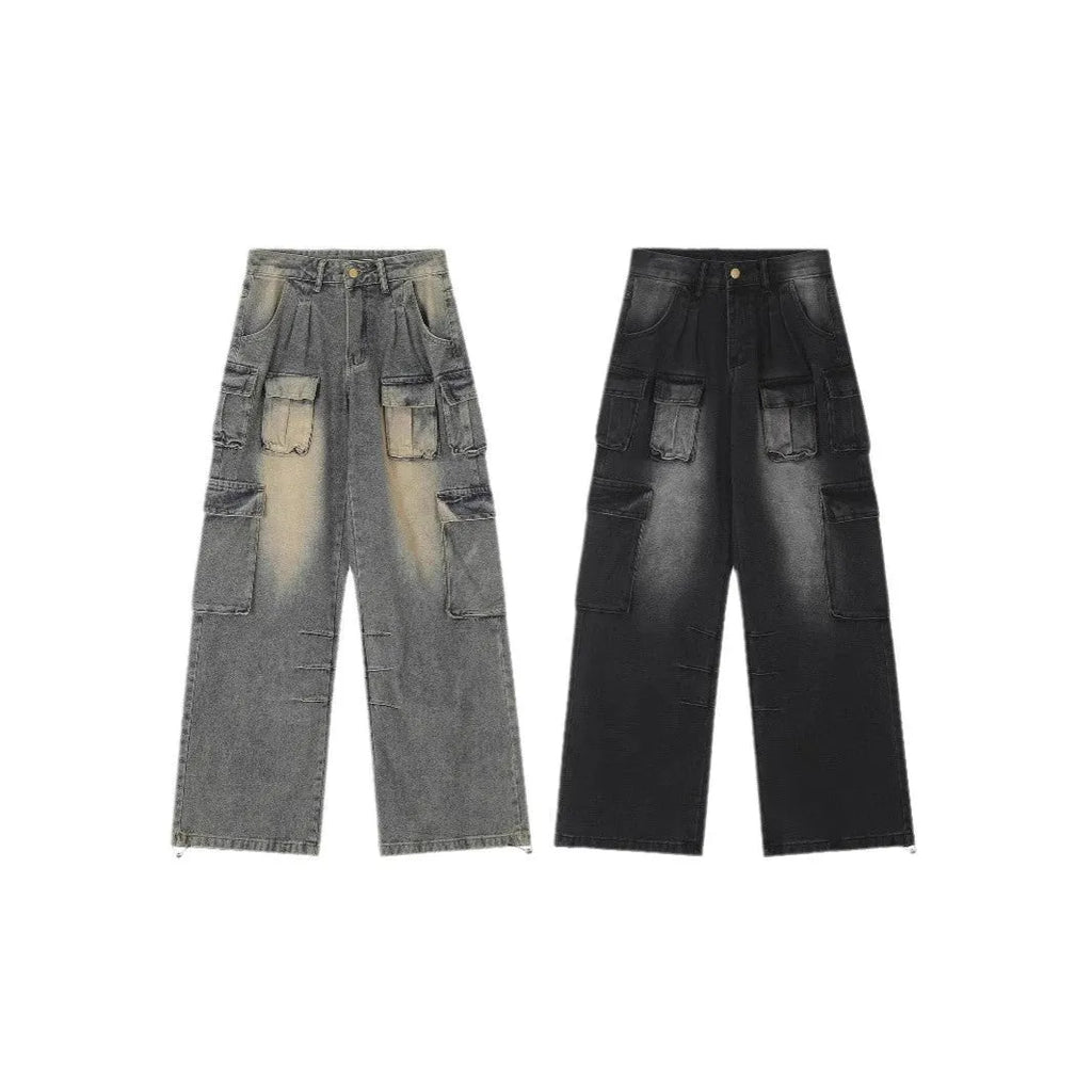 Light blue loose-fit multi-pocket distressed jeans on a hanger