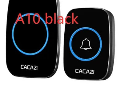 Wireless doorbell receiver and push button transmitter with colour options of black, white, silver, and gold.