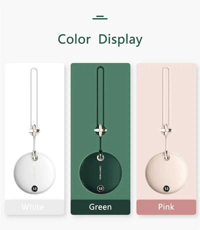 Green hand warmer power bank with digital display showing battery percentage and temperature settings