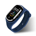 Smart bracelet with integrated wireless earphone in silicone wristband showing display screen and available in black, blue, or red colours