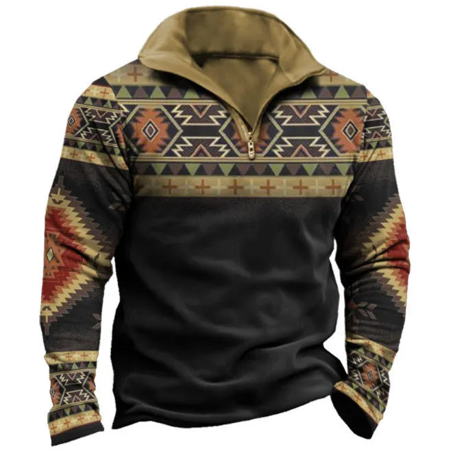 Men's loose fit long sleeve t-shirt with retro stripe prints and zip decorations