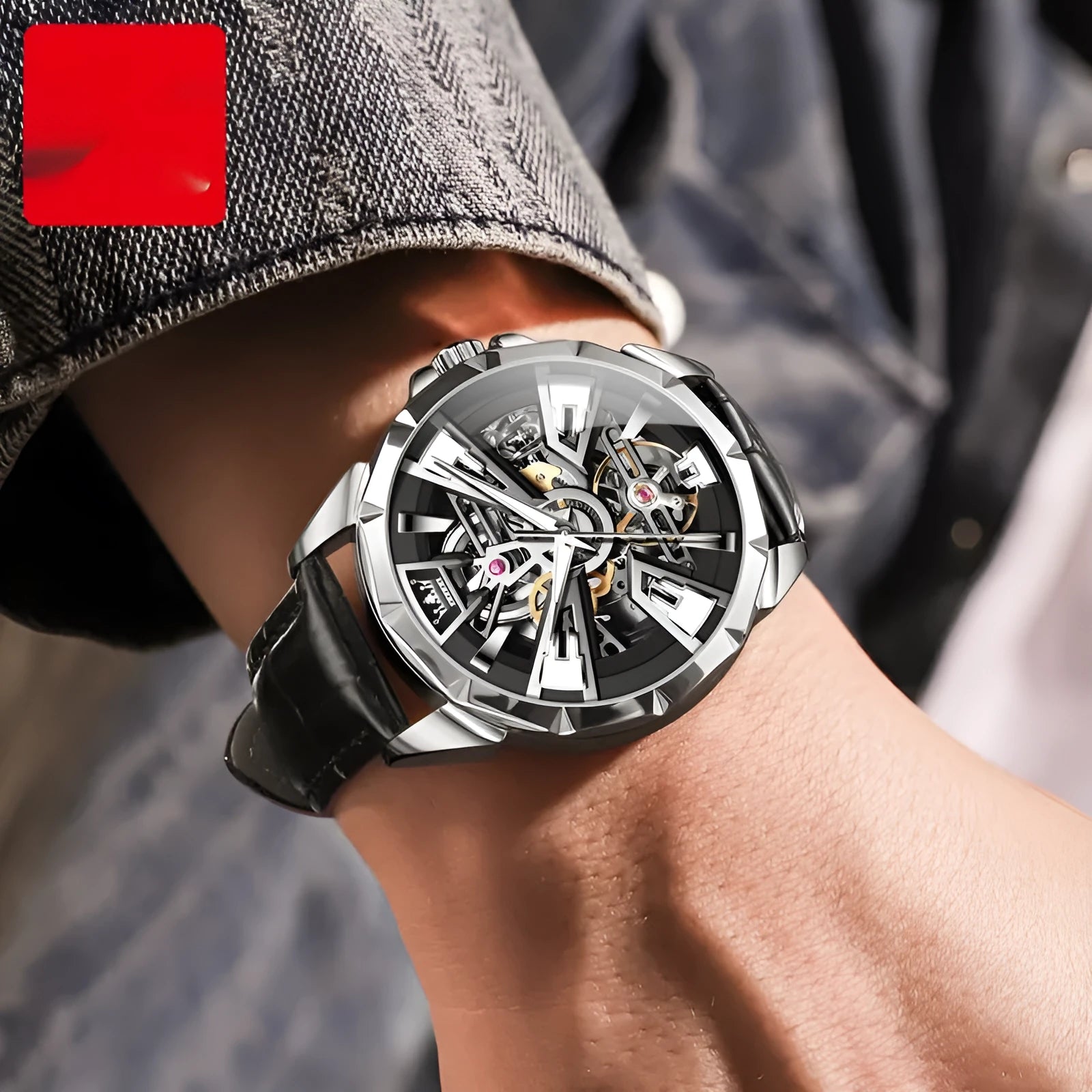 Men's automatic mechanical watch with hollow dial design on genuine leather strap