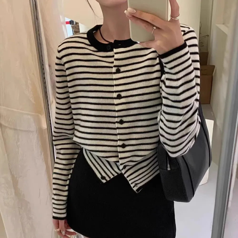 Women's dark grey and white striped French style cardigan coat with slim fit and cropped 40cm length