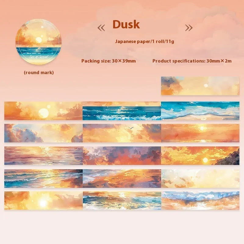 Japanese paper washi tape roll with sky theme designs including clouds, sun and nebula patterns