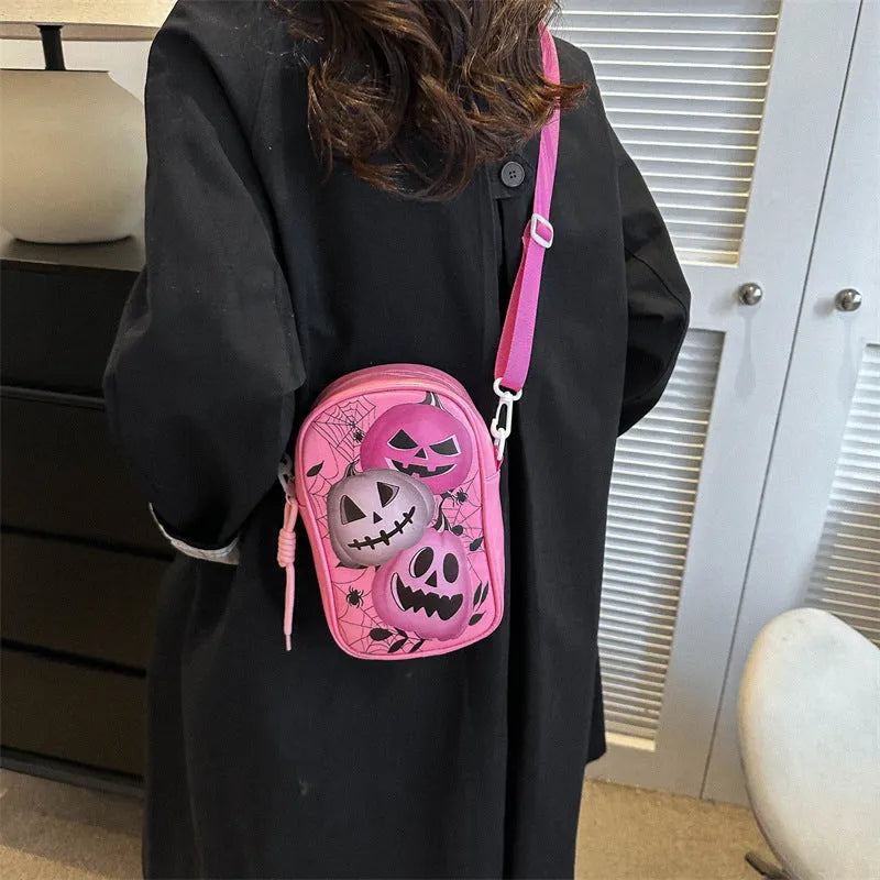 Halloween graffiti print mini crossbody bag with pumpkin ghost bat design in PU material