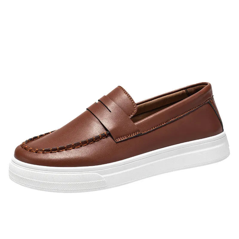 Men's white PU leather slip-on loafers with round toe on a solid background.