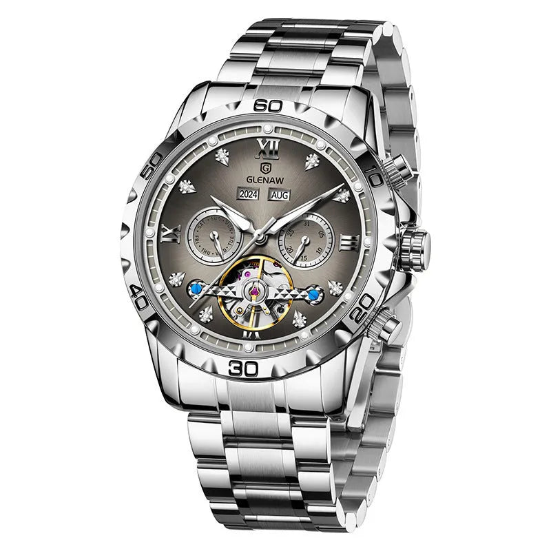 Men's automatic mechanical watch with stainless steel strap and mineral glass lens in silver case blue surface colour