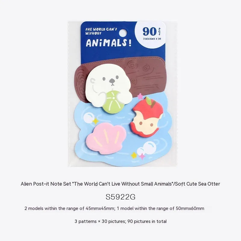 Small animal shaped sticky note set with sea otter, kitten, puppy and bunny designs