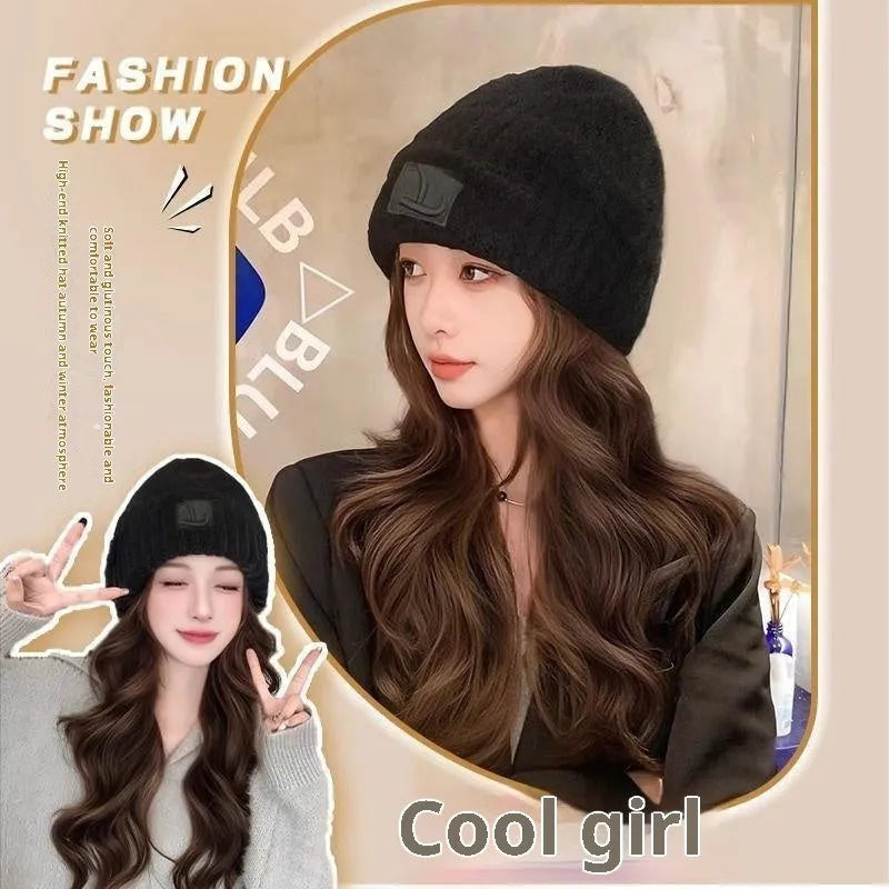 Hat wig women integrated big wave full-head style protein filament medium long hair brown black