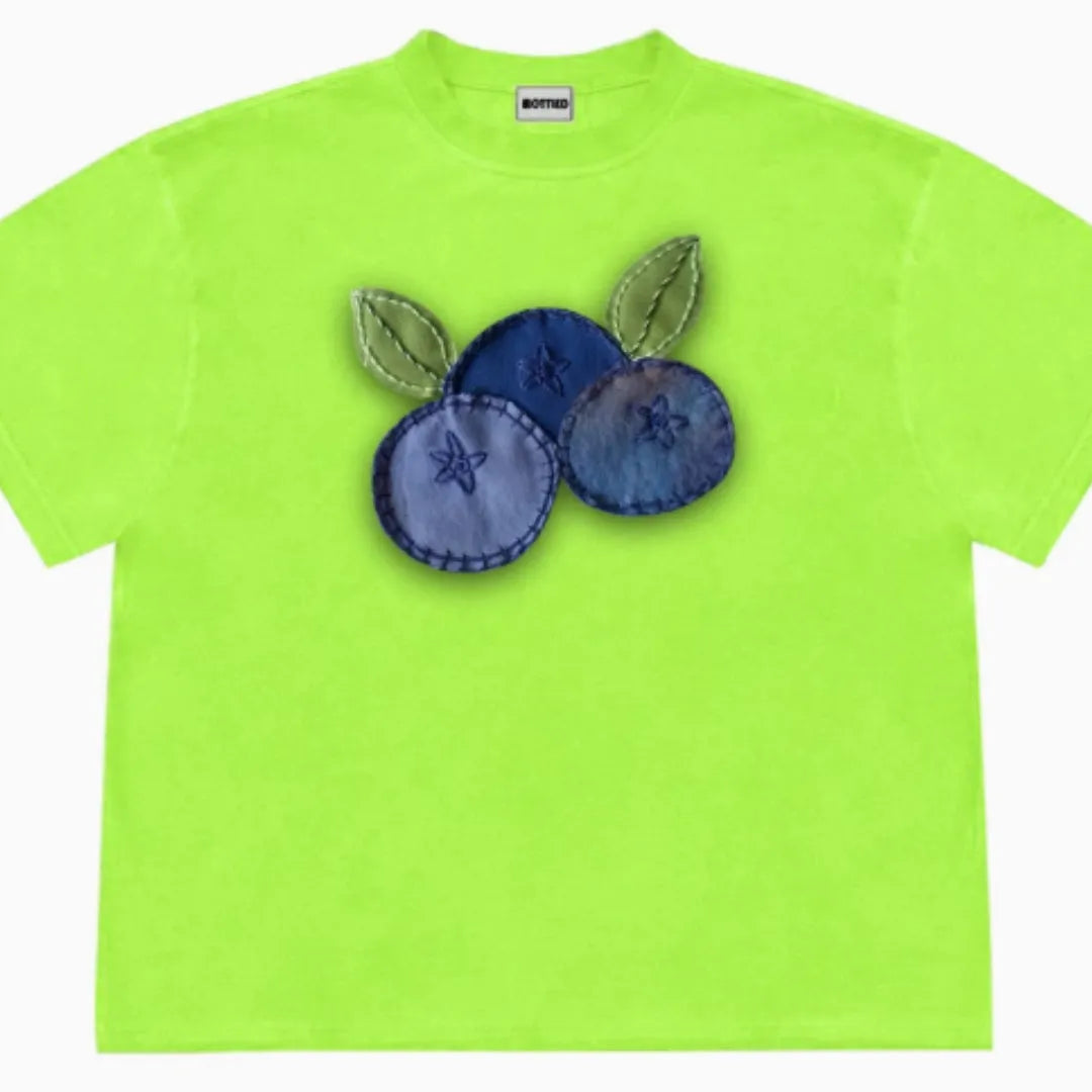 Women's loose blueberry patchwork T-shirt with short sleeves and floral design on Ice Oxygen cotton.