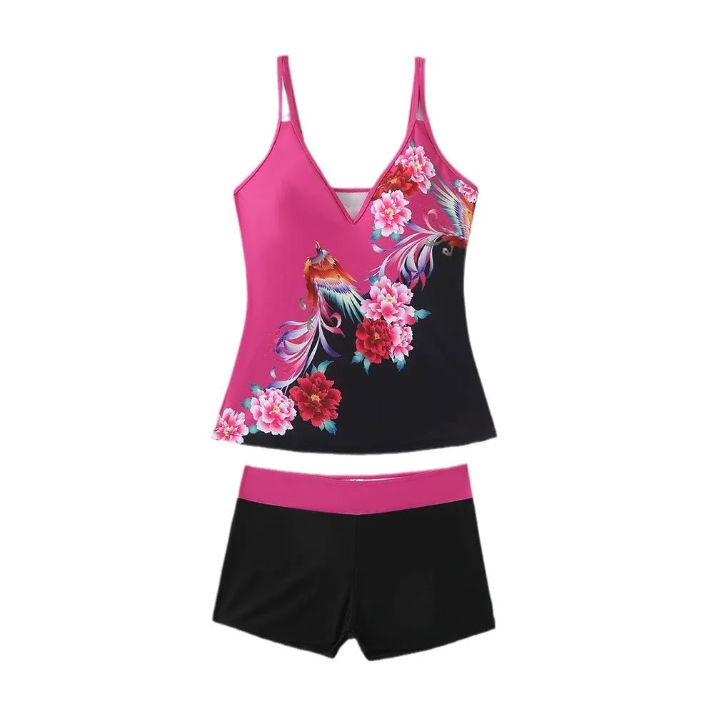 Plus size women's swim briefs in black or rose red printed pattern with cotton lining.