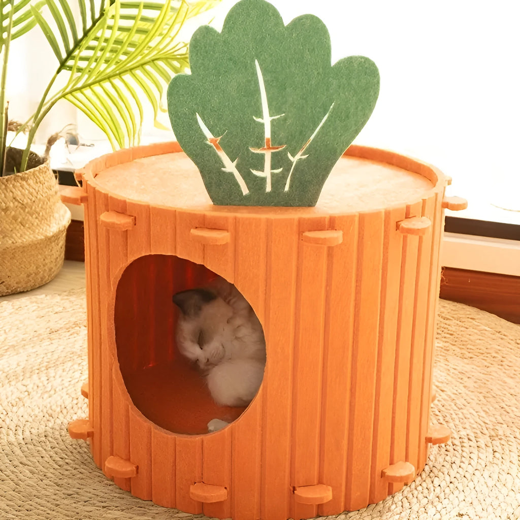 Carrot-shaped felt cat nest and tunnel cattery in semi-enclosed design