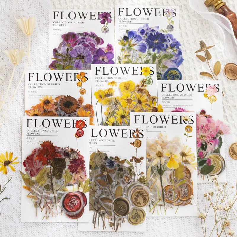 70mm square PET dried flower journal stickers showing eight colour themes including dark night purple and rose nebula