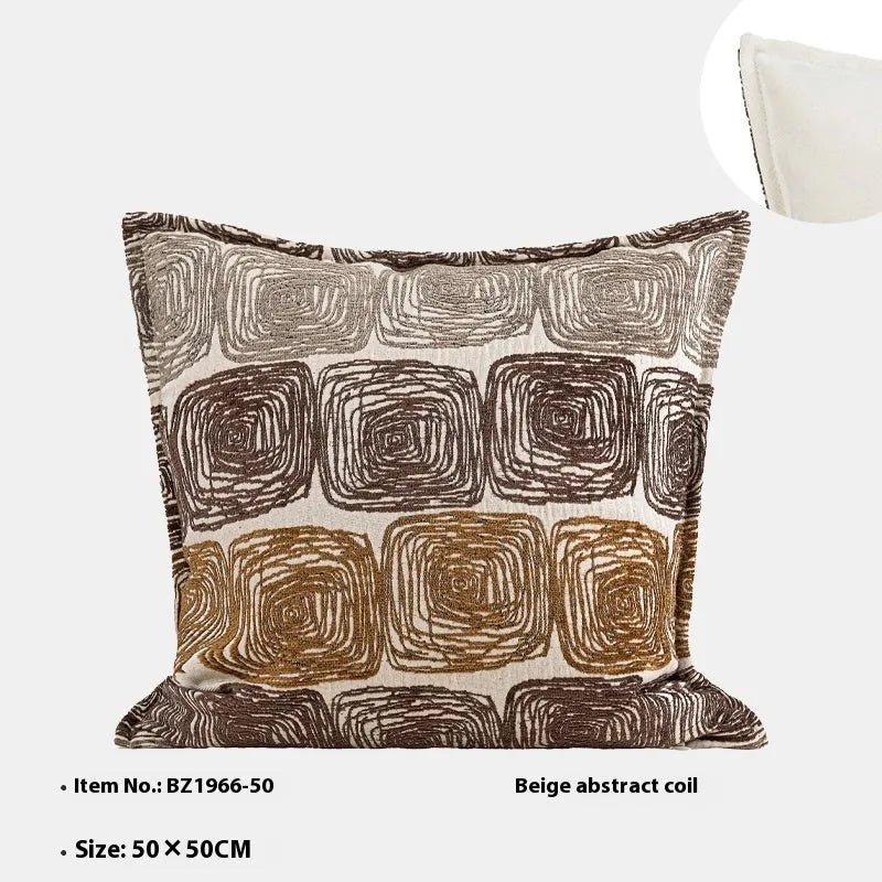 Abstract coil pattern pillow cover in cream and coffee colours showing square and rectangular size options