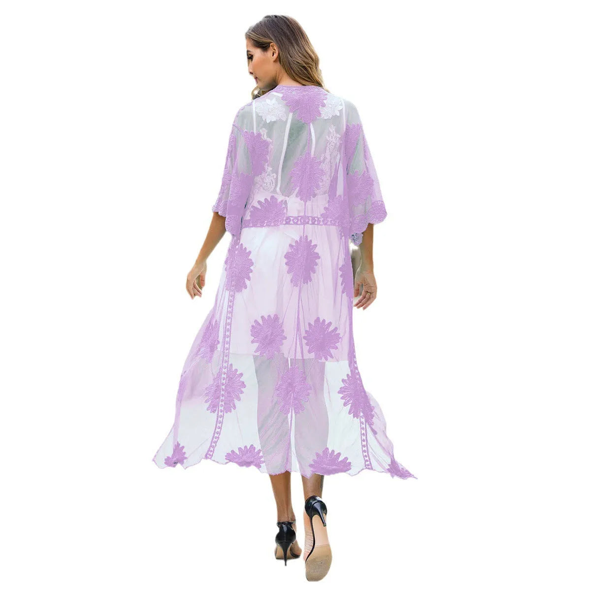 Light purple lace embroidery beach cover-up dress for swimming and beachwear