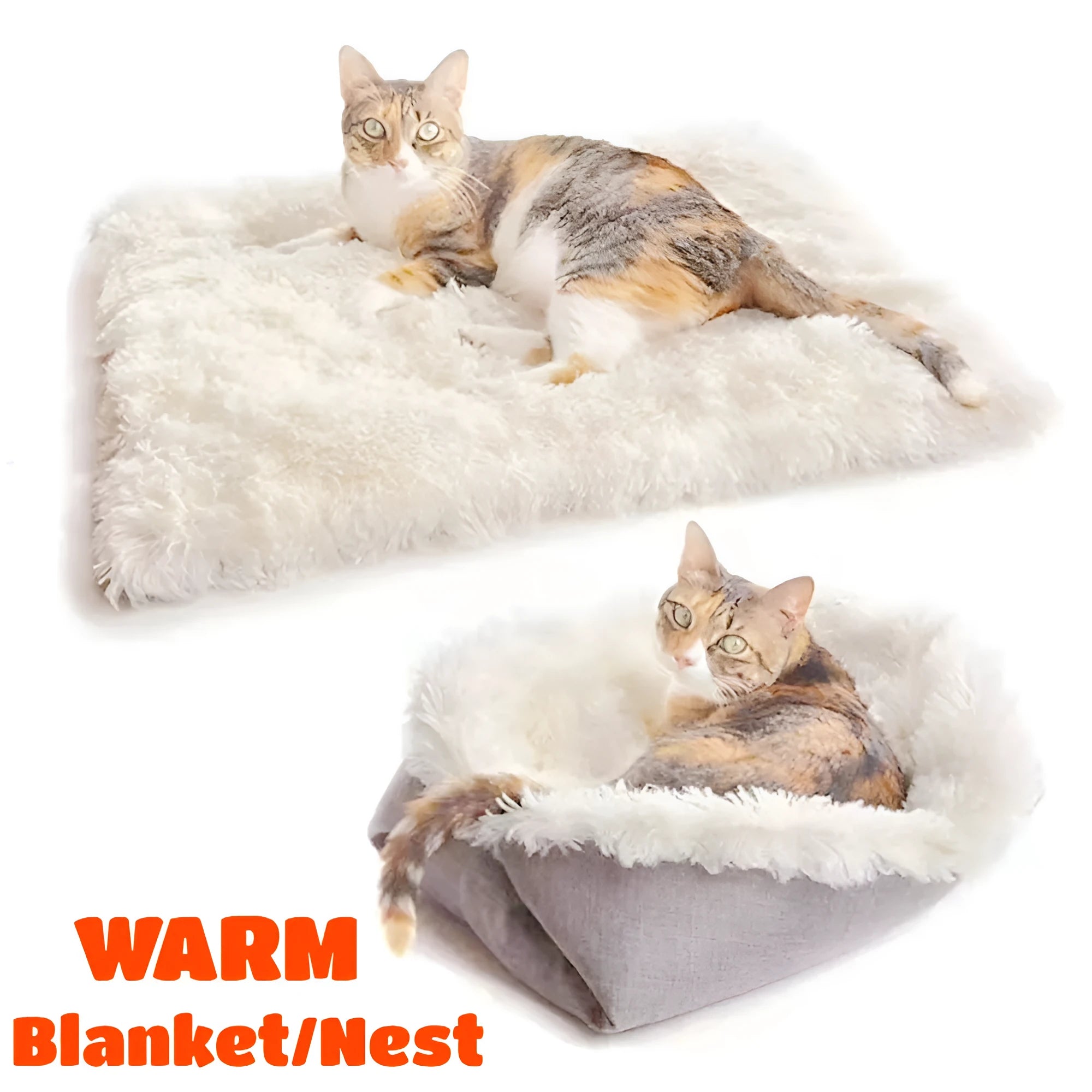 Grey and white long plush pet bed with black non-slip bottom particles