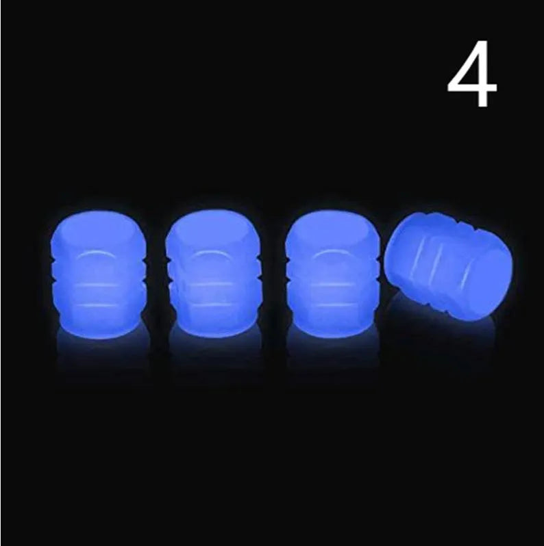 Rubber luminous tyre valve caps in multiple colours showing pack size options for bicycle and motorbike wheels