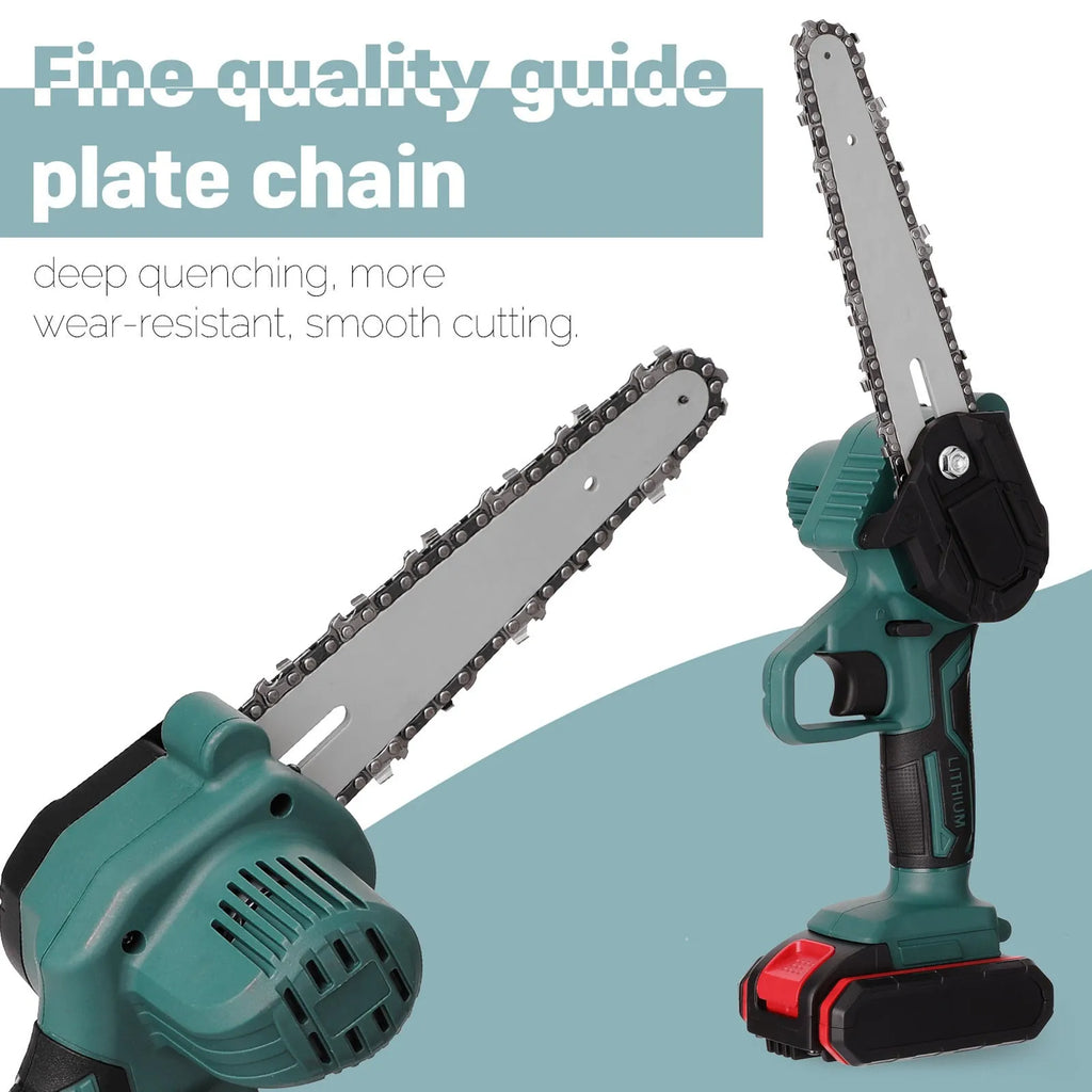Black mini electric chainsaw with 4-inch guide and lithium battery for one-handed wood cutting