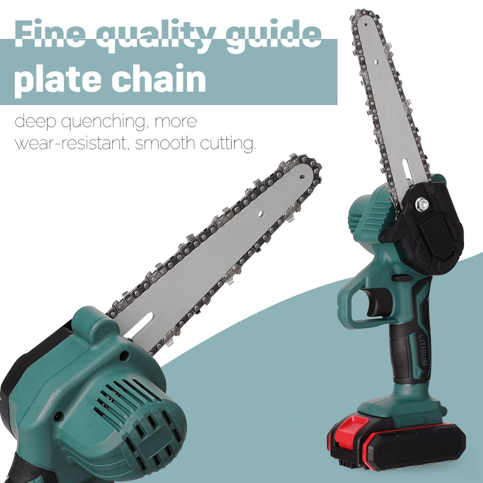Black mini electric chainsaw with 4-inch guide and lithium battery for one-handed wood cutting