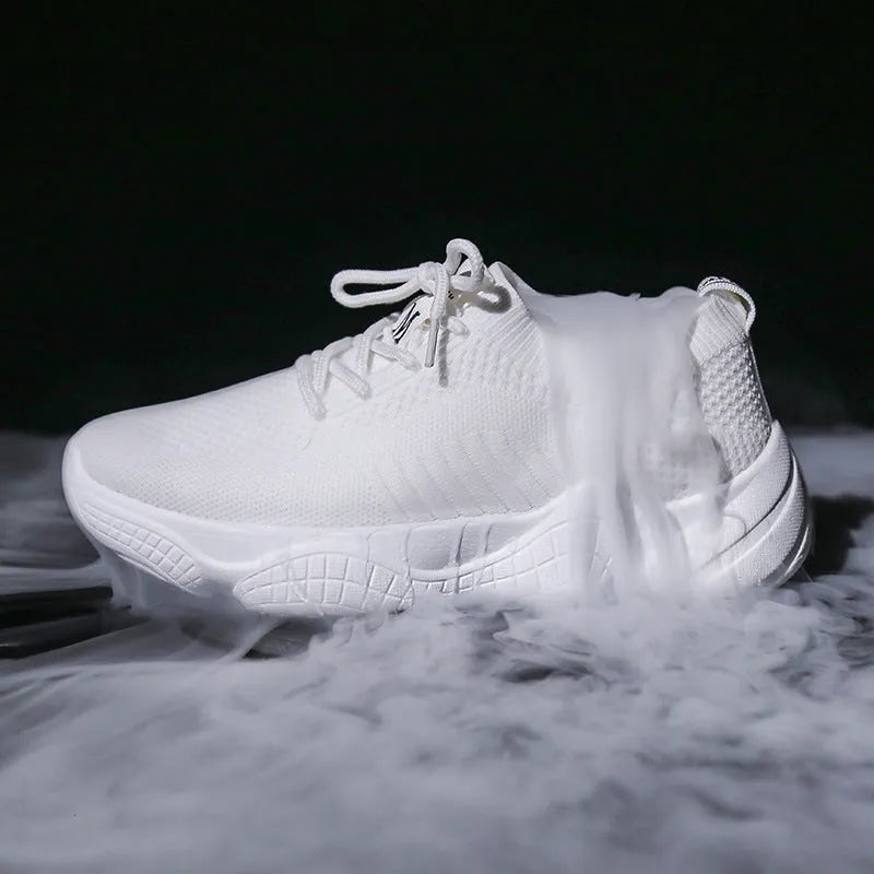 White women's thick-soled flying woven sports shoes with a front strap and rubber sole.