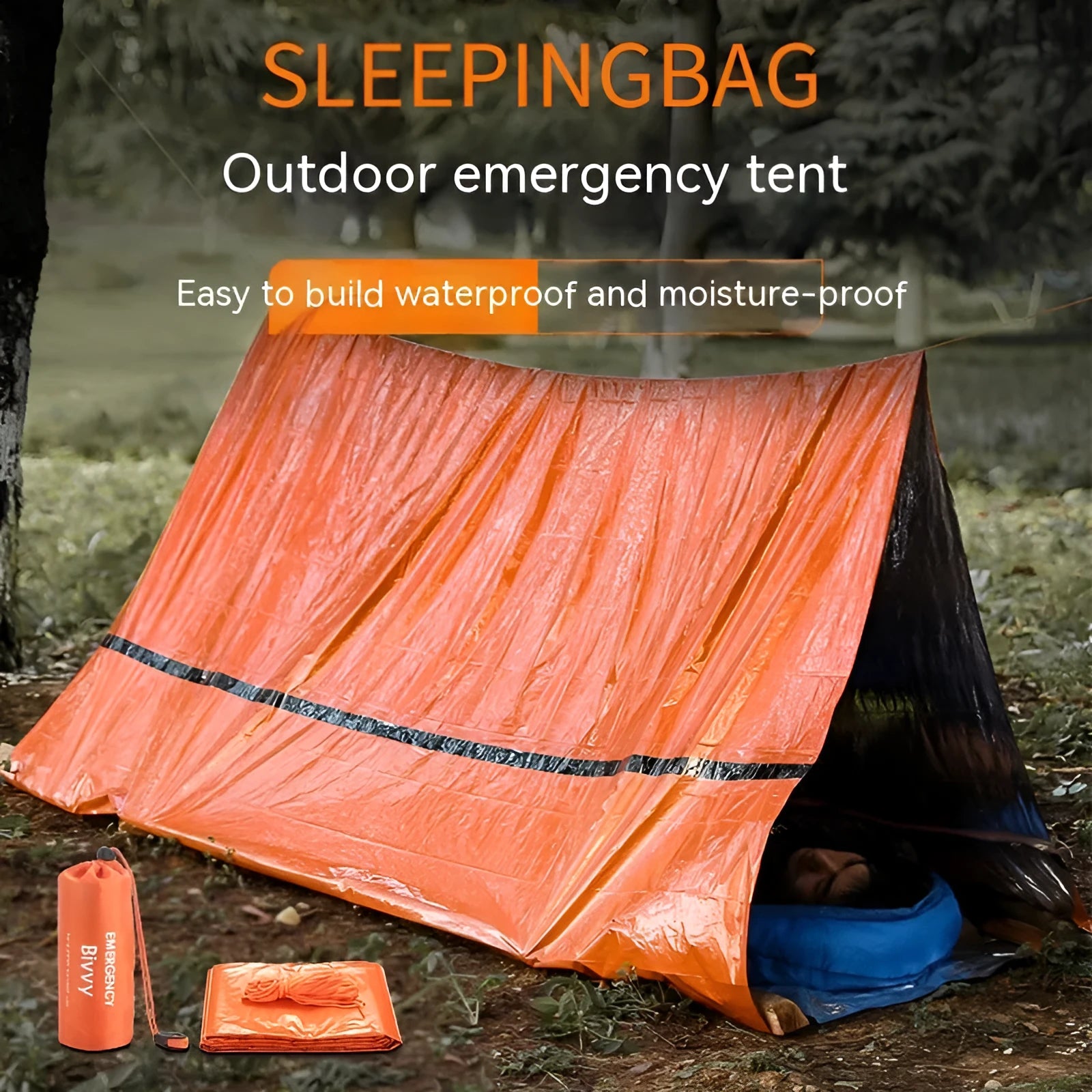 Orange portable disaster relief tent kit with sleeping bag and emergency blanket laid out.