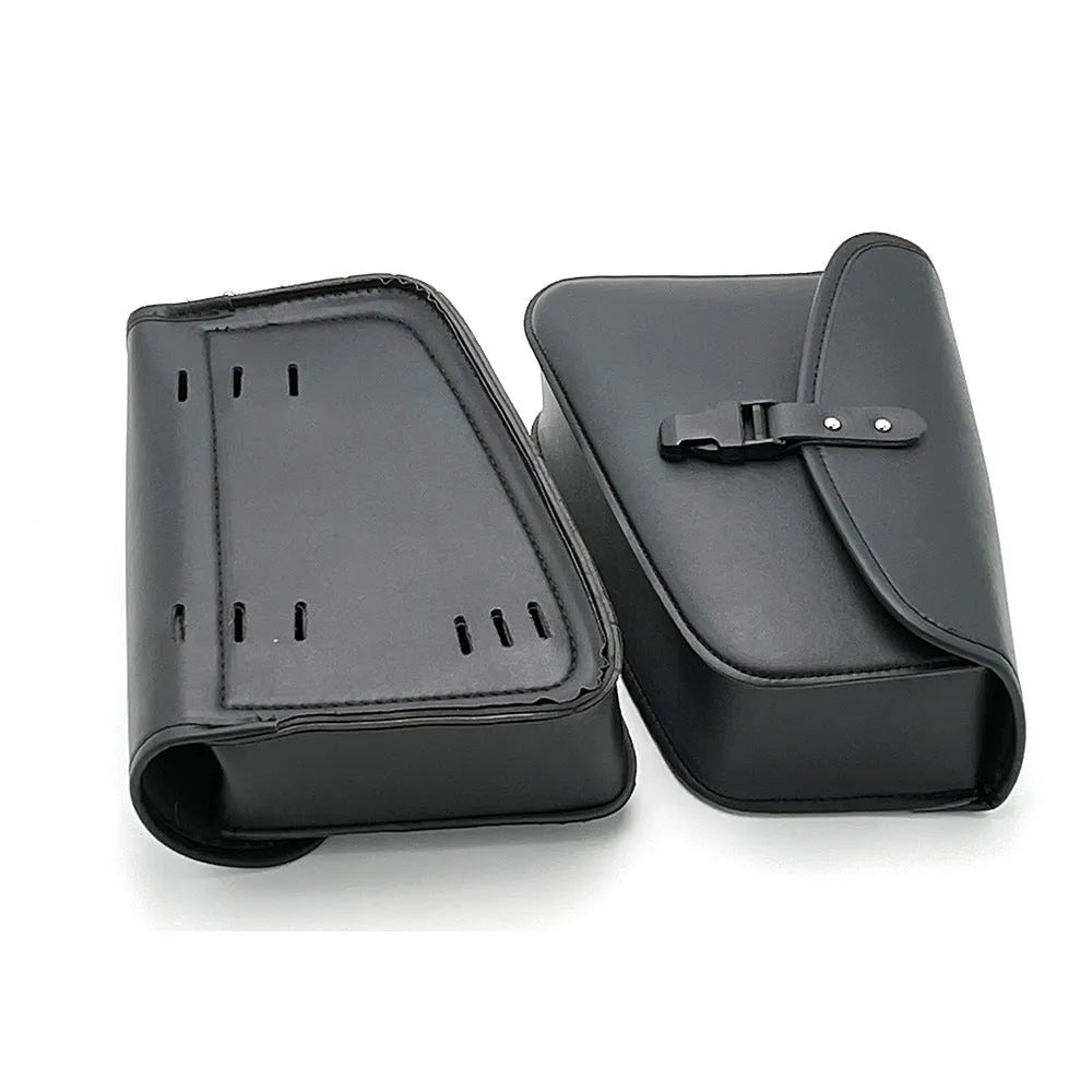 Black motorcycle swingarm side saddlebag mounted on Sportster motorcycle