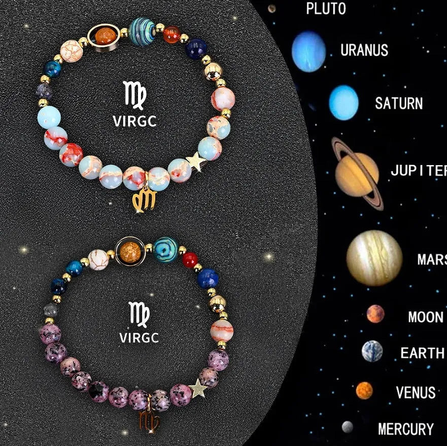 Two natural stone beaded bracelets showing zodiac symbols on an adjustable knotted string.