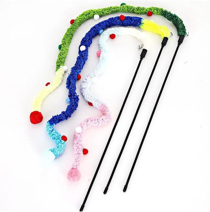 Cat wand toy with colourful plush strip and bell attachment on 41cm pole