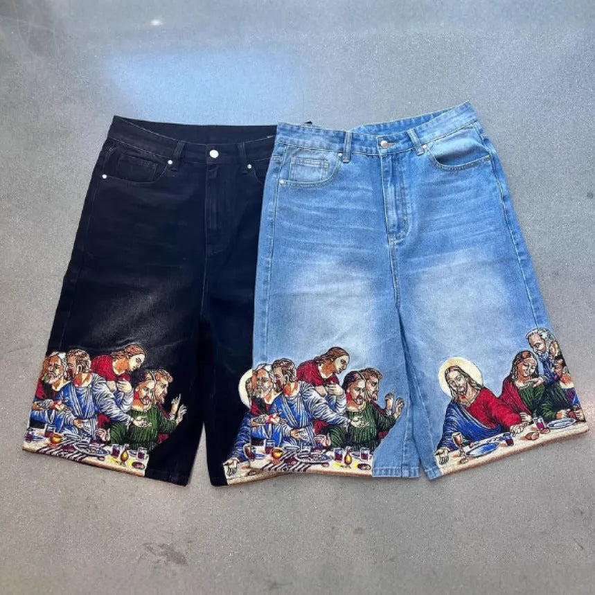 Men's blue cotton tapered shorts with Jesus print design on back pocket showing micro elasticity fabric