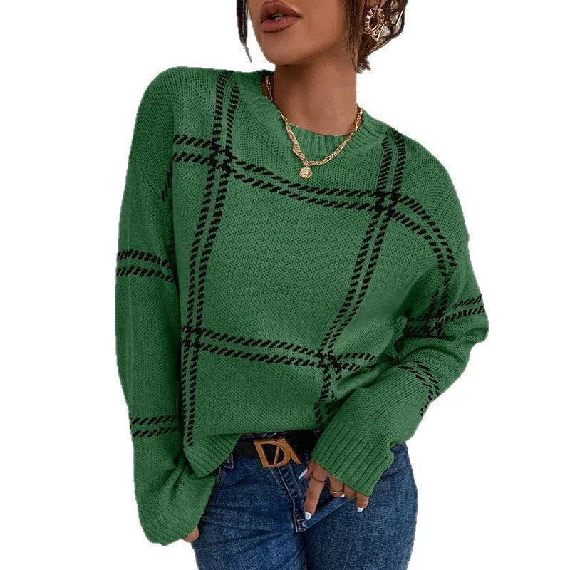 Women's loose fit plaid colour-block acrylic sweater with striped pattern in apricot, black, beige, red, and green
