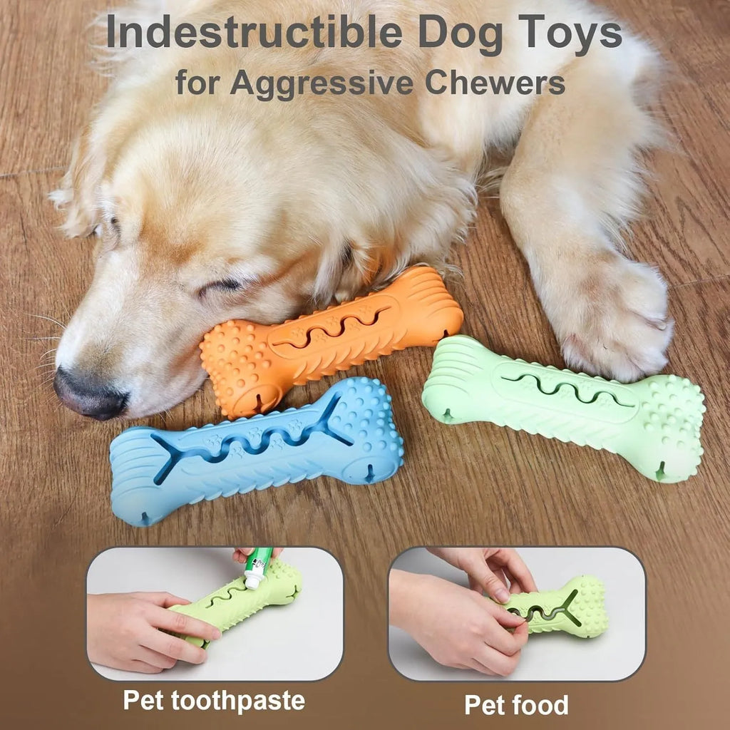 Blue bone-shaped dog chew toy made from natural rubber with textured surface for teeth cleaning