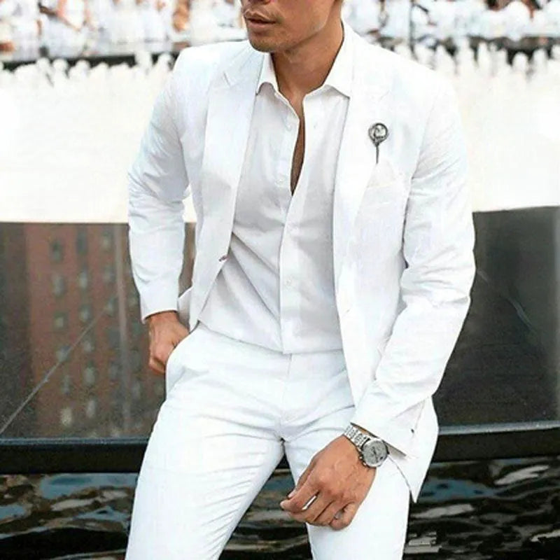 Men's white slim fit two-piece wedding suit set with extended sizing options up to 5XL