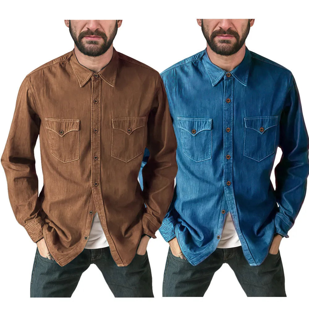 Cotton denim cardigan coat in regular fit on a hanger, shown in khaki colour with button front.