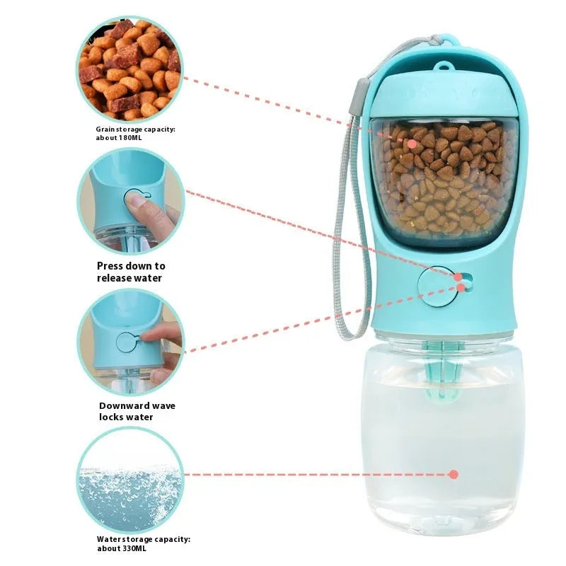 Blue portable plastic dog drinking cup with integrated bowl, showing dual-use design for outings.