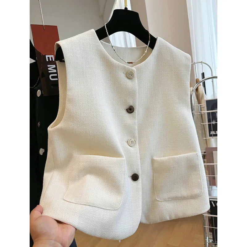 Women's French style round neck bandage vest sleeveless outer wear in polyester fabric