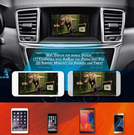 Black car mirror link box converter with cables and antenna for wireless smartphone streaming to car stereo