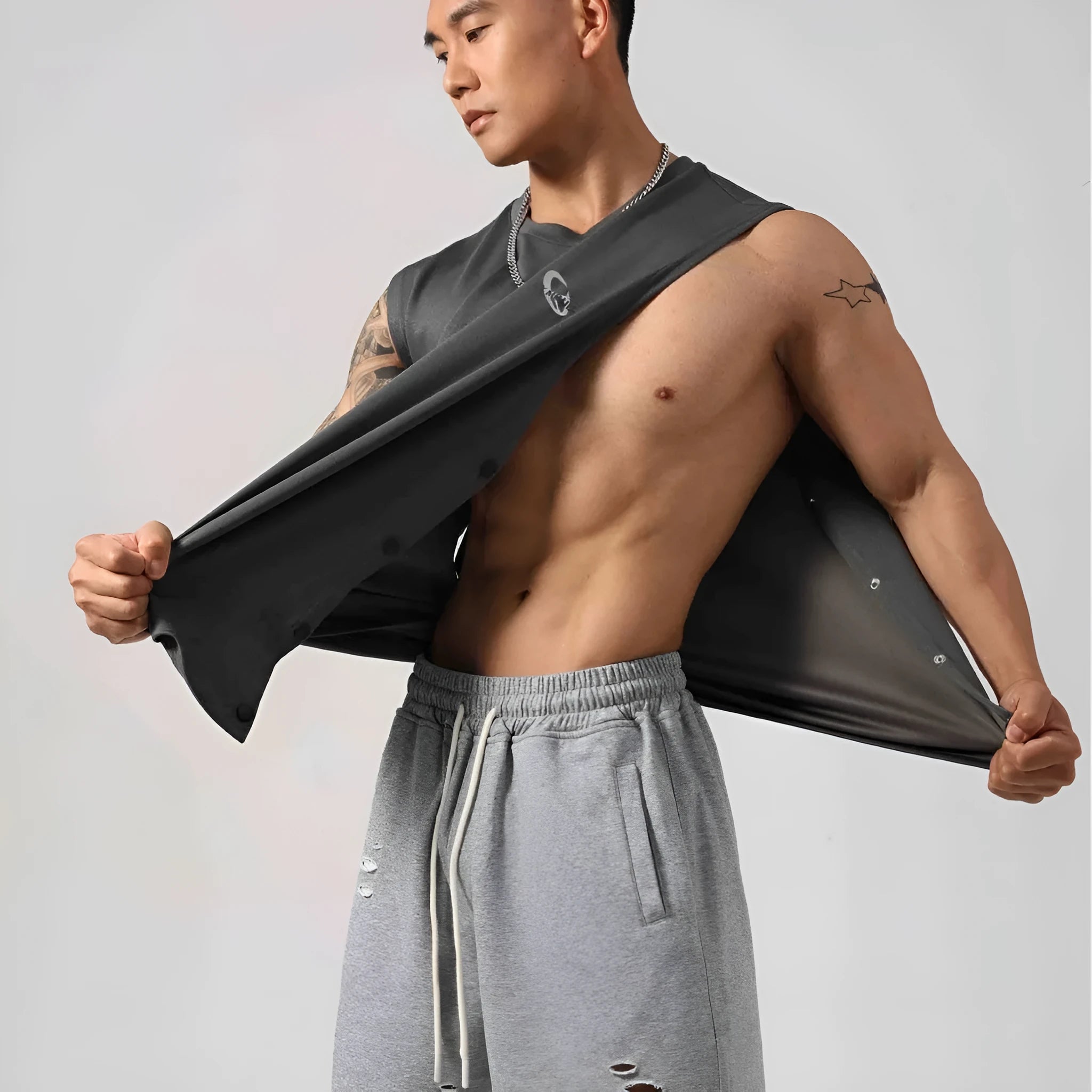 Men's loose cotton fitness vest with hidden hook side openings in black colour