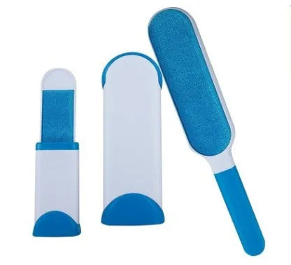 Blue reusable pet hair removal comb with a double-sided sticky brush and self-cleaning base.