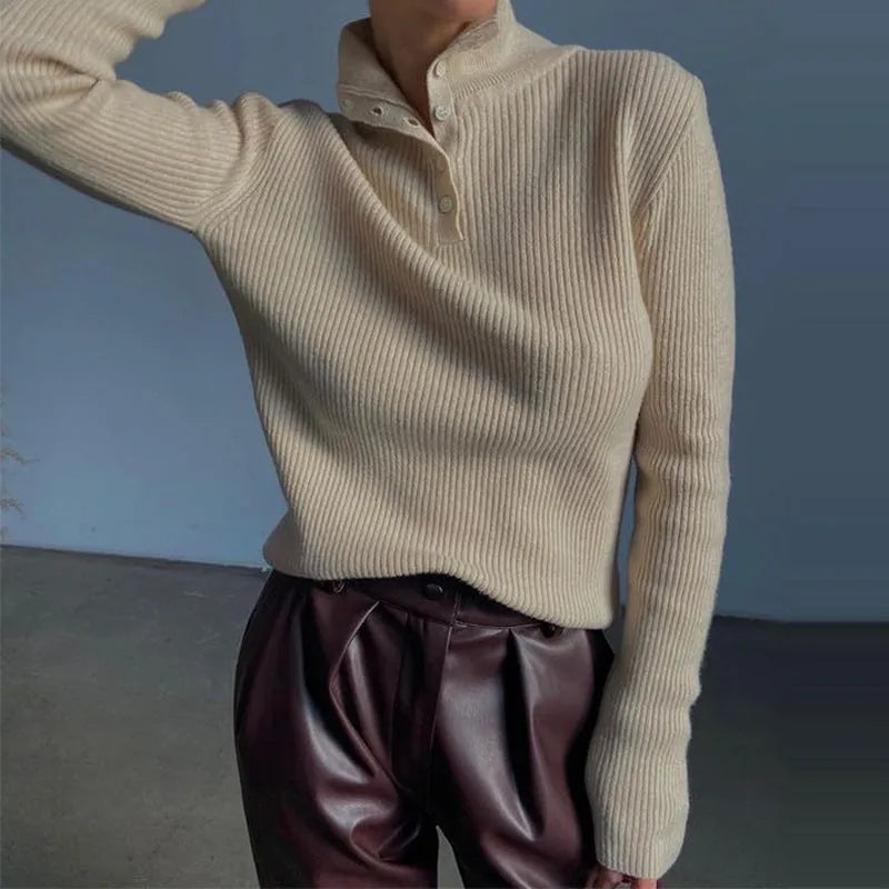 Women's slim fit retro half turtleneck pullover sweater in silver grey.