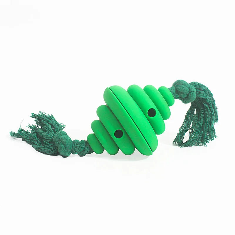 Green dog ball with rope toy showing split design and food dispenser hole