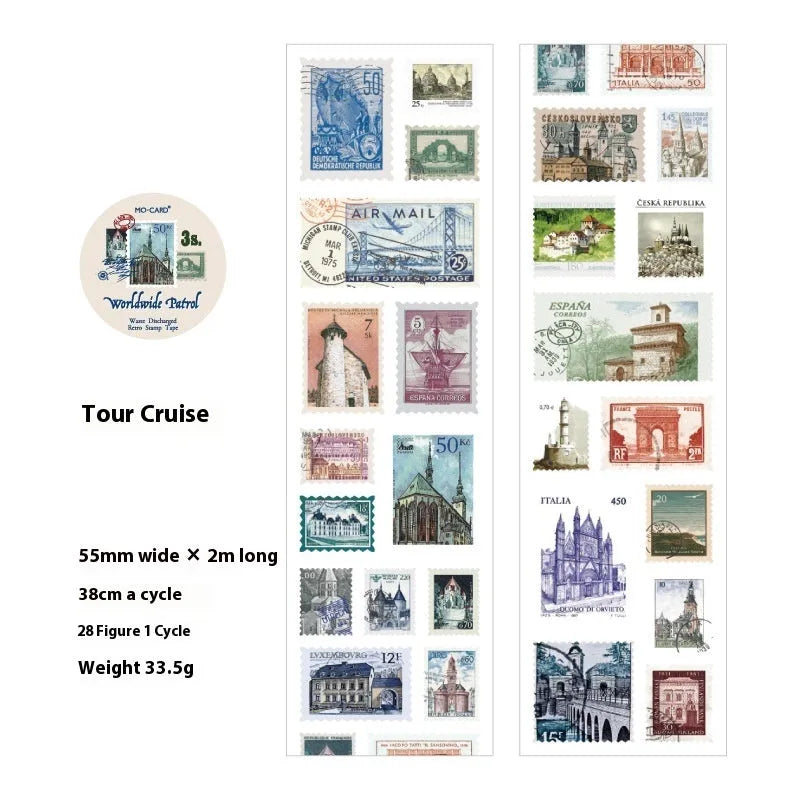 Roll of 55mm wide retro decorative stamp tape for journaling, showing one of four vintage design collections.