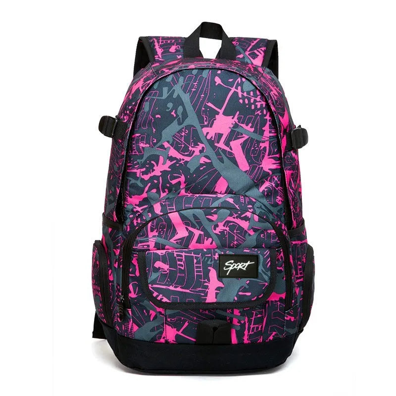 Classic large blue nylon backpack and classic large red nylon backpack side by side.