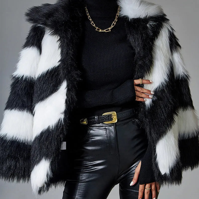 Women's faux fur coat with contrast lapel and fur collar in mid-length design