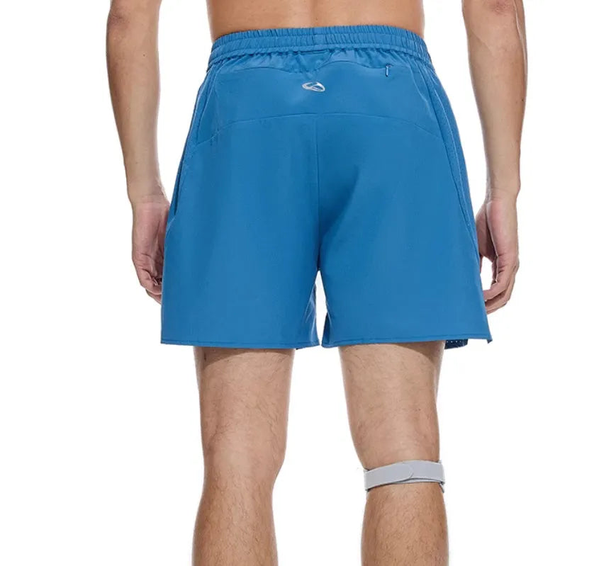 Mysterious Black four-point stretch running shorts with laser punch stitching laid flat.