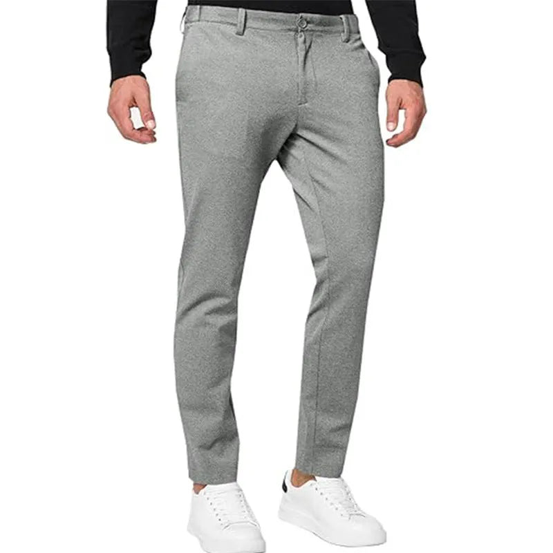 Men's slim-fit tapered chino trousers in khaki colour with stretch cotton blend fabric